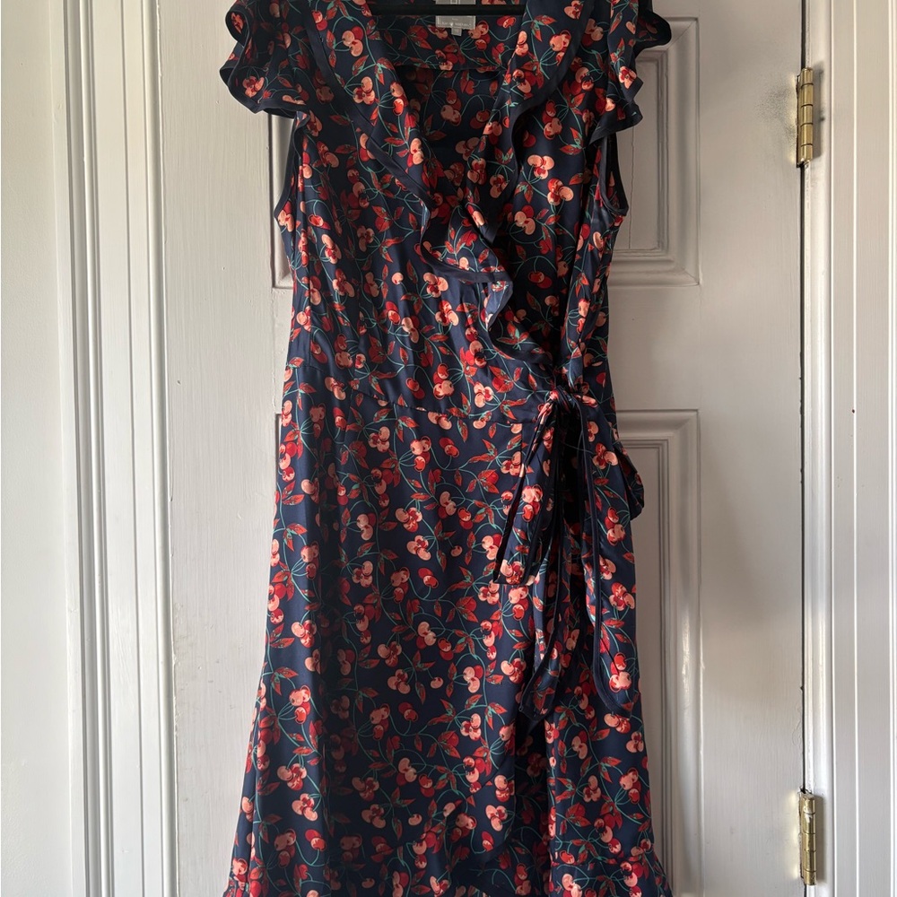 Karen Walker Navy Wrap Midi Dress with Red Cherry Print